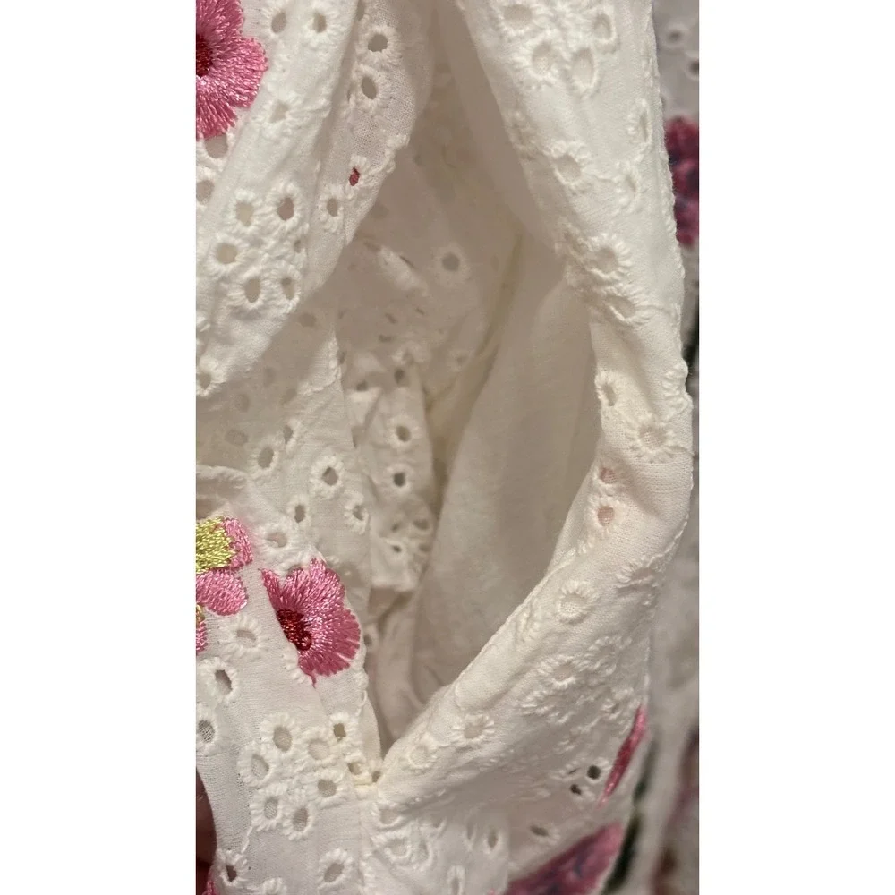 Tahari Arthur S Levine Petite Floral Eyelet Cotton Shirt Dress White Embroidered